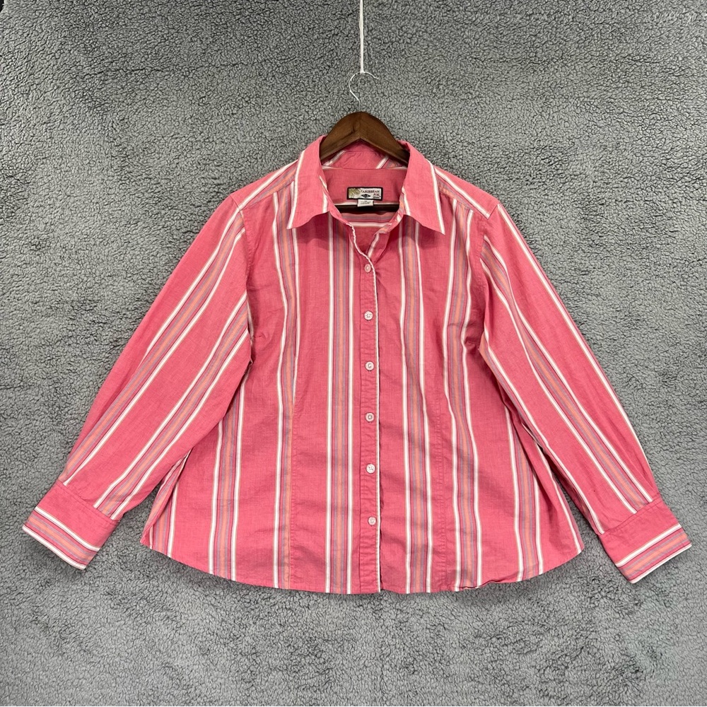Caribbean Joe Button Shirt Vertical Stripe Pink Women Size 1X